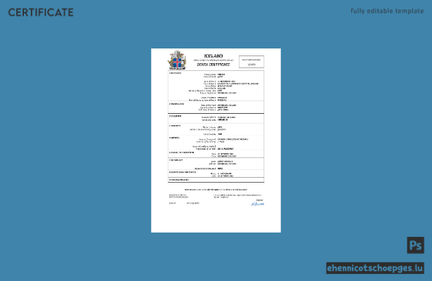 Isländische Personenstandsurkunde (Sterbeurkunde) – Beispiel als Word- und PDF-Datei